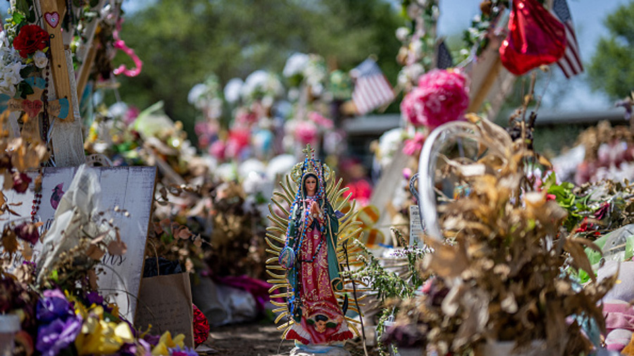 UVALDE, TEXAS - JUNE 17: Gifts are seen at a memorial in front of Robb Elementary School on June 17...