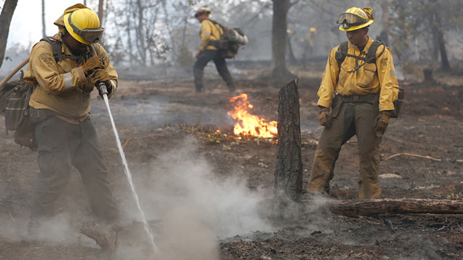 JERSEYDALE, CALIFORNIA - JULY 25: Cal Fire firefighters mop up hot spots after the Oak Fire moved t...