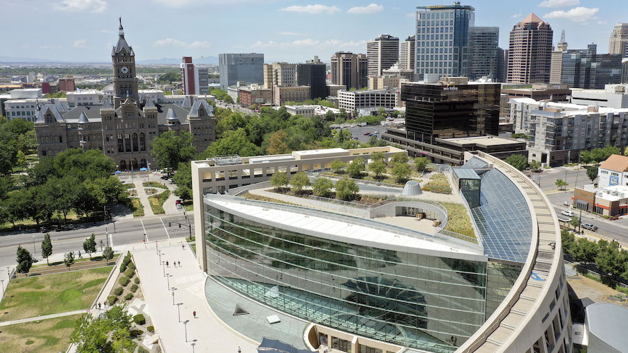 A green roof, which can help mitigate heat islands, is pictured on the Salt Lake City Public Librar...