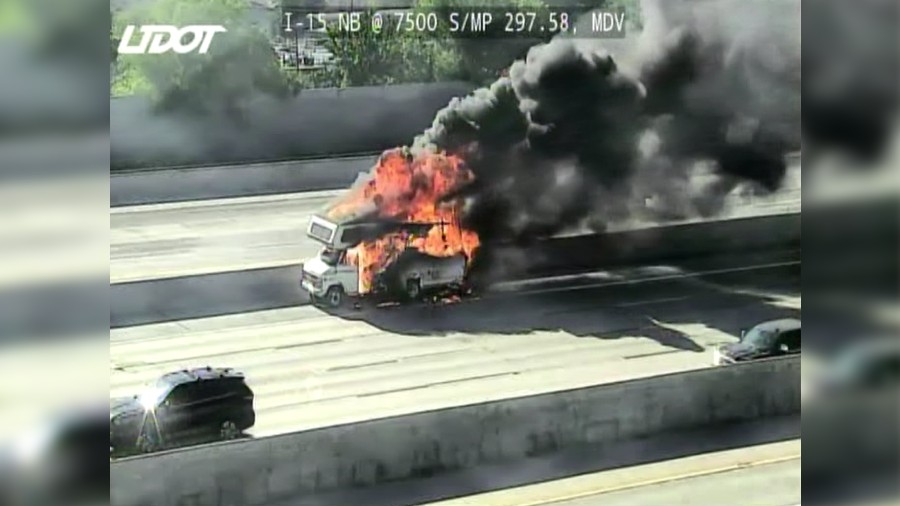 An RV completely burns down on I-16, shutting down southbound traffic. (Credit: UDOT)...