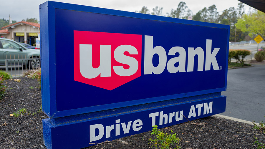 Close-up of sign for US Bank at branch in Lafayette, California, April 4, 2019. (Photo by Smith Col...