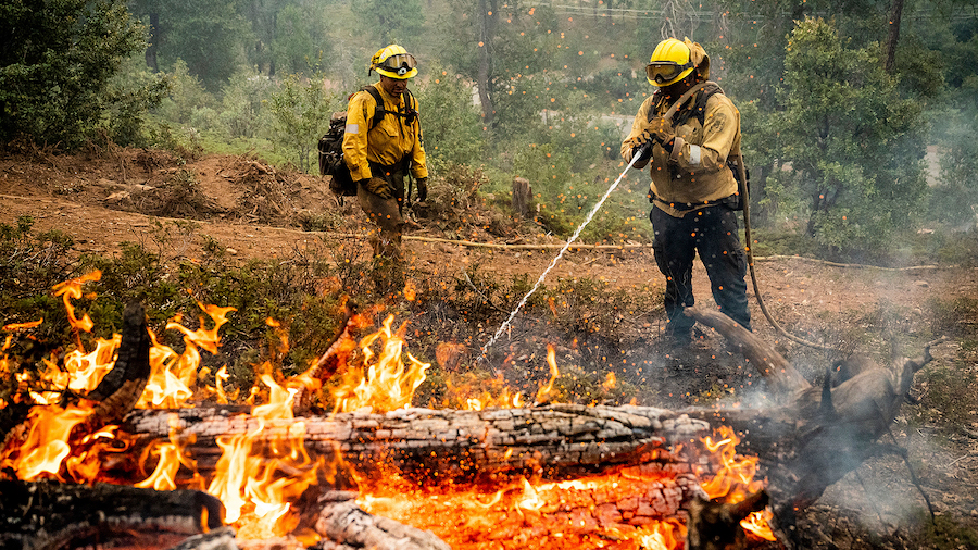 Firefighters mop up hot spots while battling California's Oak Fire. (Noah Berger/Associated Press v...
