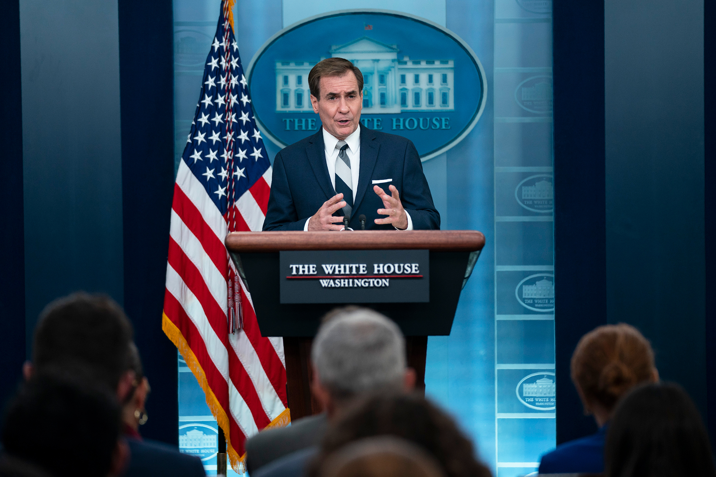 National Security Council spokesman John Kirby speaks during a press briefing at the White House, T...
