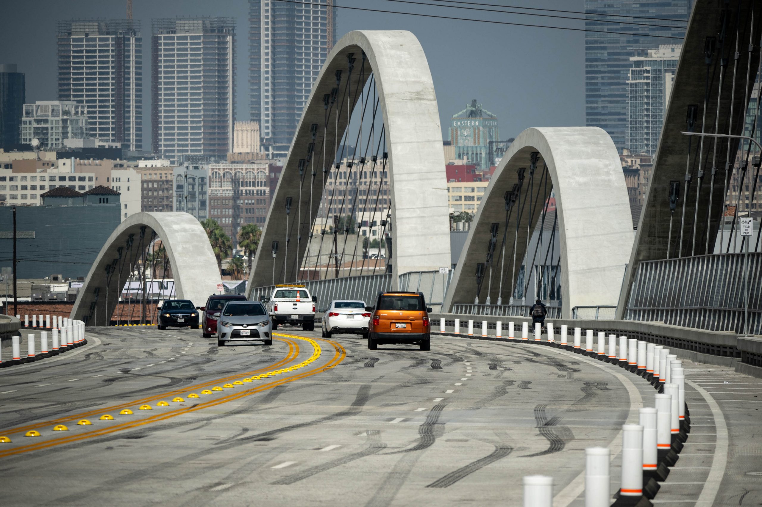 Los Angeles, CA - July 27:Skid marks cover many portions to the new 6th street bridge in Los Angele...