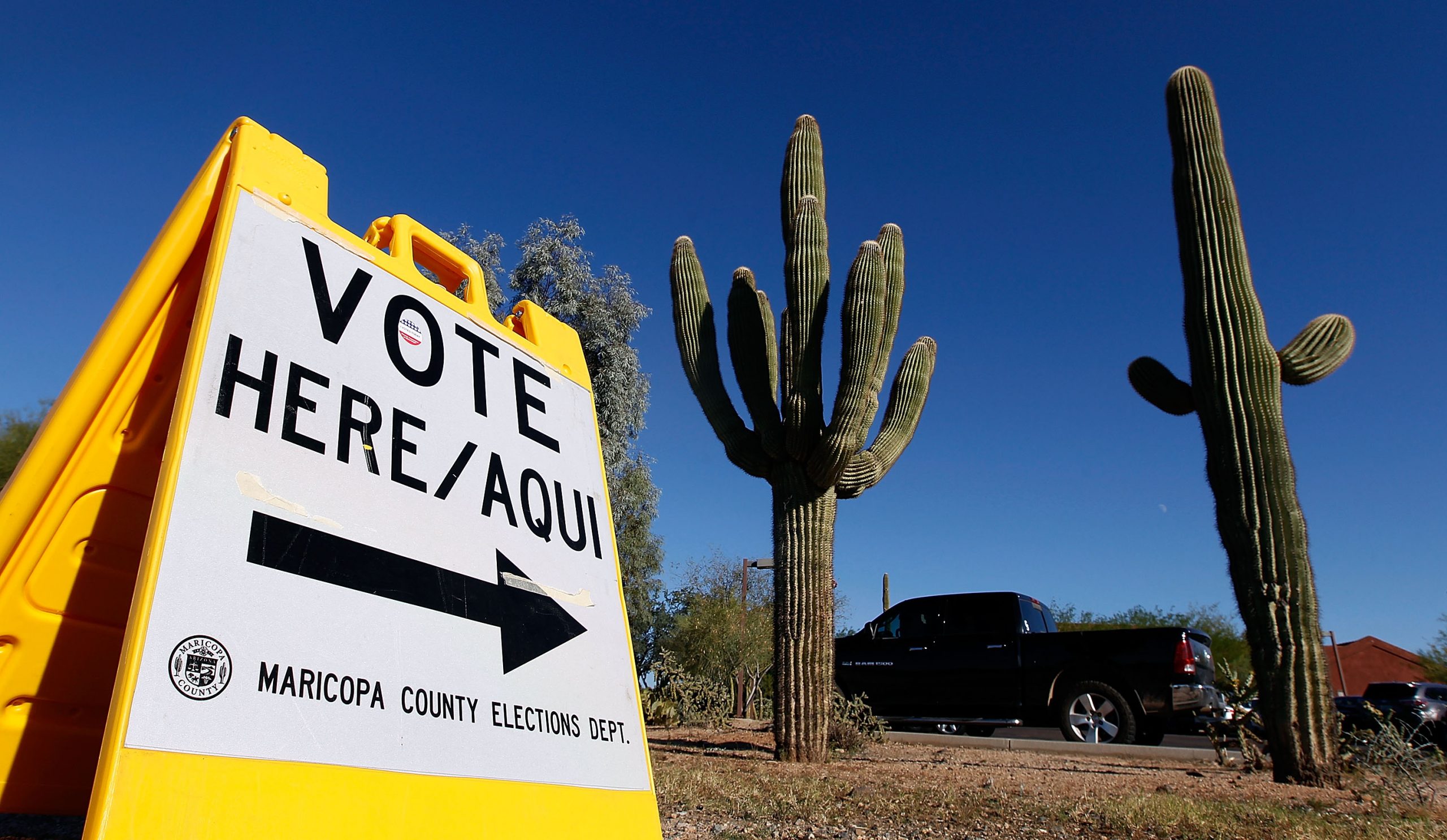 PHOENIX, AZ - NOVEMBER 08:  A Maricopa County Elections Department sign directs voters to a polling...