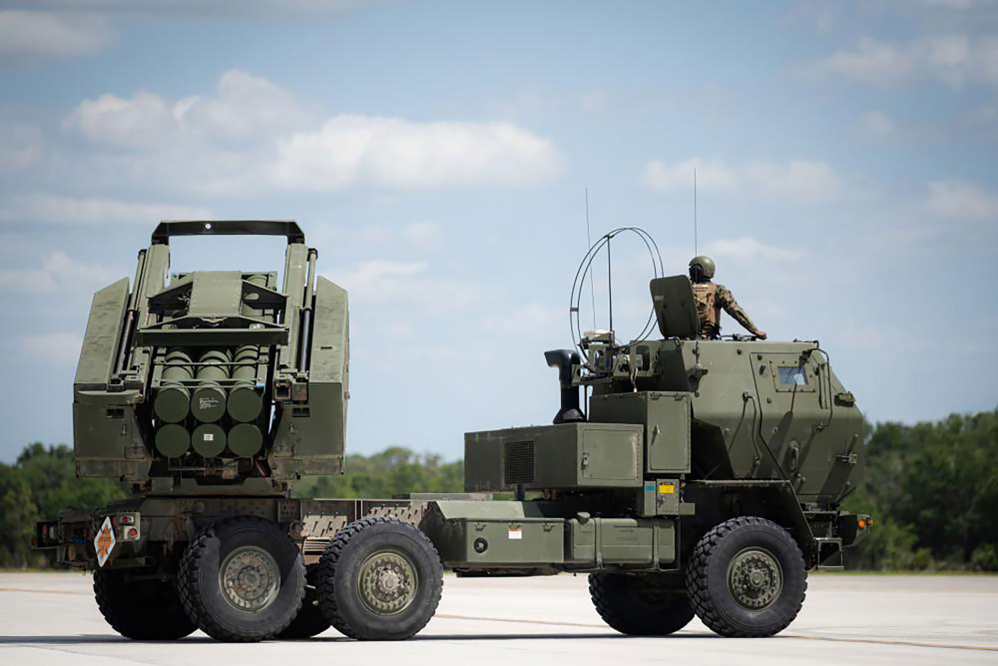 A High Mobility Artillery Rocket System during a live-fire training mission in Florida on May 10. (...