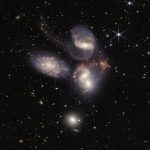 Stephan’s Quintet, a visual grouping of five galaxies, is best known for being prominently featured in the holiday classic film, “It’s a Wonderful Life.” (NASA, ESA, CSA, and STScI)