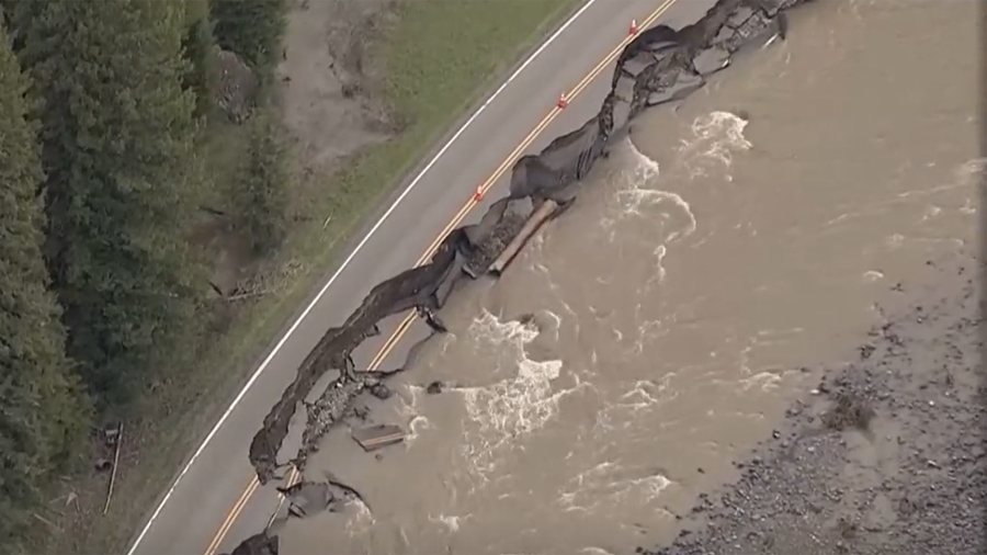 The view from Chopper 5 showed just how much damage flooding caused at roads in Yellowstone Nationa...