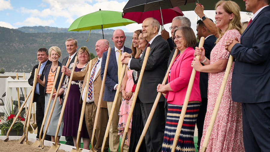 President Russell N. Nelson and other Church leaders and dignitaries turn the soil at the groundbre...