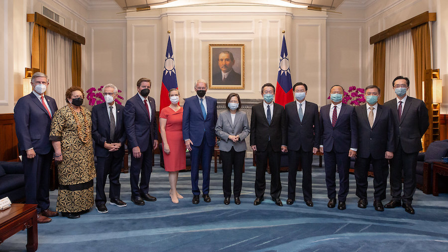 In this photo released by the Taiwan Presidential Office, Taiwan's President Tsai Ing-wen pose for ...