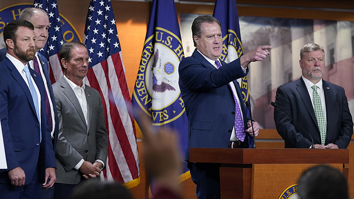 House Intelligence Committee ranking member Rep. Mike Turner, R-Ohio, second from right, joined by ...