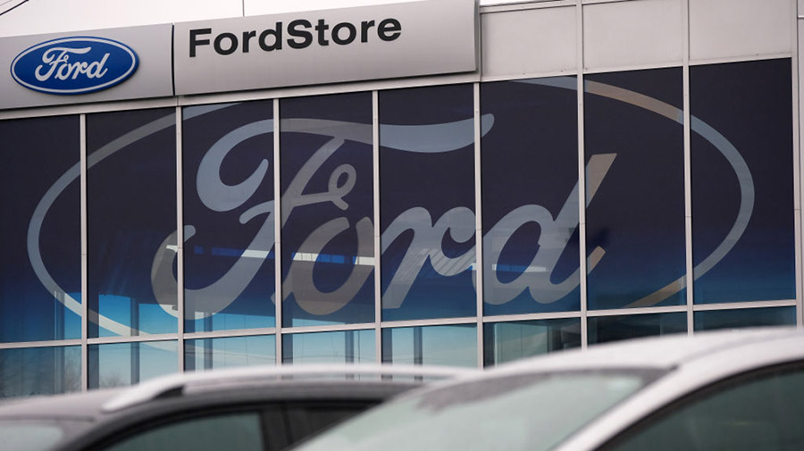 BERLIN, GERMANY - JANUARY 11: The Ford logo is seen at a Ford car dealership on January 11, 2019 in...