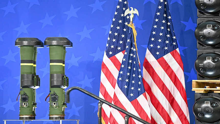 TROY, AL - MAY 03: Javelin anti-tank missiles serve as a backdrop for U.S. President Joe Biden's sp...