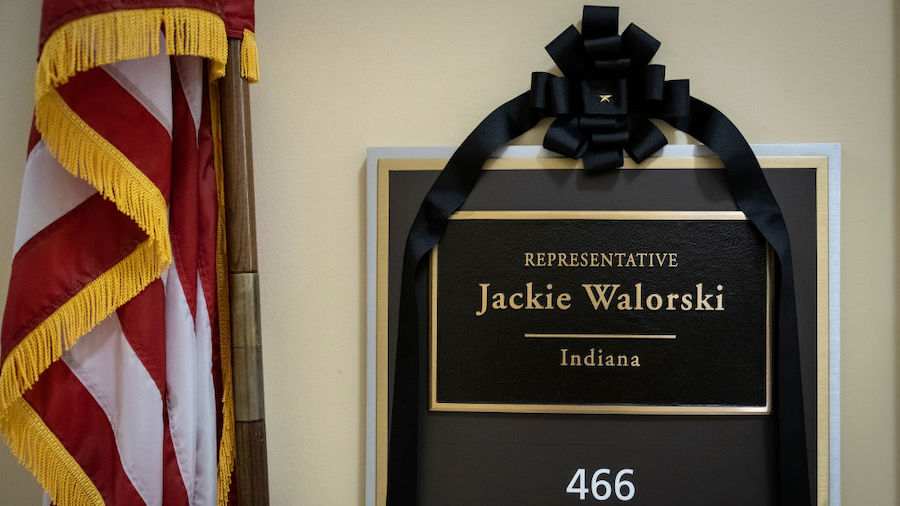 A black ribbon adorns the nameplate of the late Rep. Jackie Walorski (R-IN) at her office in the Ca...