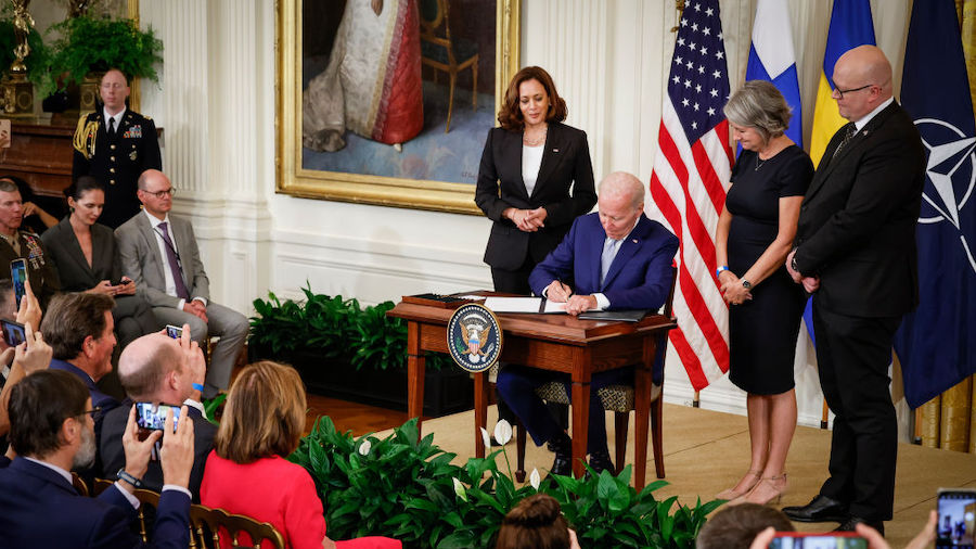 U.S. President Joe Biden signs the agreement for Finland and Sweden to be included in the North Atl...
