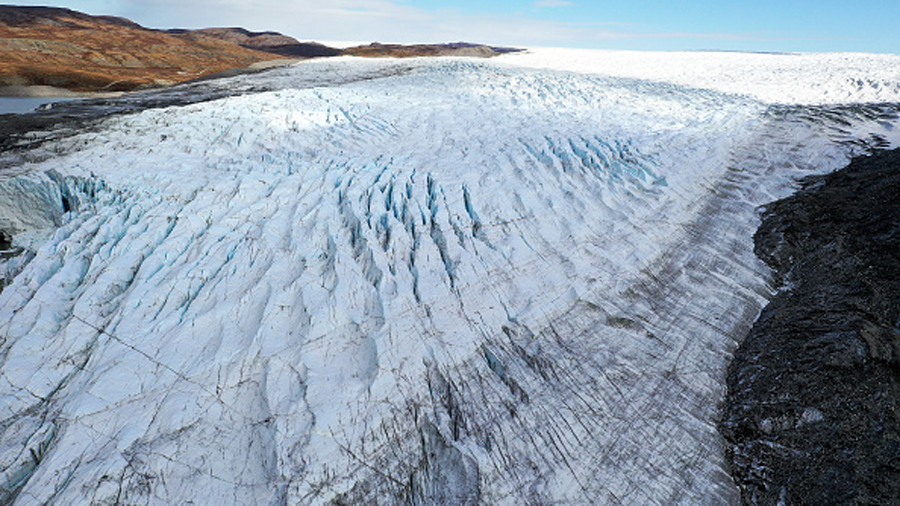 KANGERLUSSUAQ, GREENLAND - SEPTEMBER 09:  An aerial view of the retreating Russell Glacier on Septe...