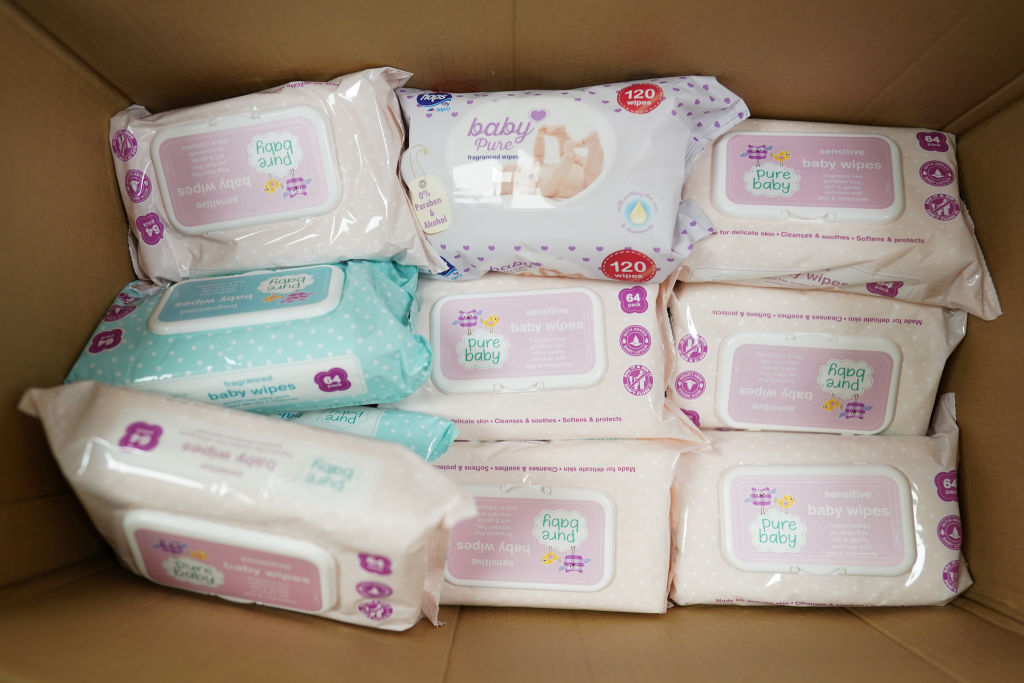 FILE: HARTLEPOOL, ENGLAND - MARCH 02: Packets of baby wipes are boxed up at a community hub in Hart...