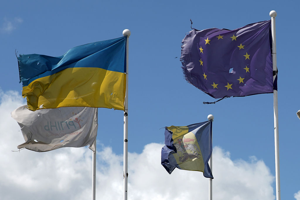 FILE: IRPIN, UKRAINE - MAY 16: Bullet holes and shrapnel damage are seen on the EU and Ukrainian fl...
