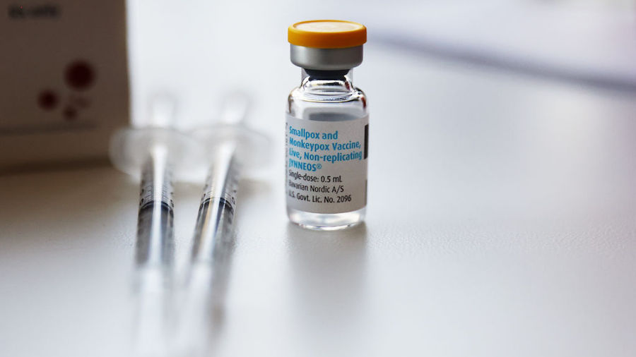 A vial of the Jynneos monkeypox vaccine sits on a table at a pop-up vaccination clinic which opened...