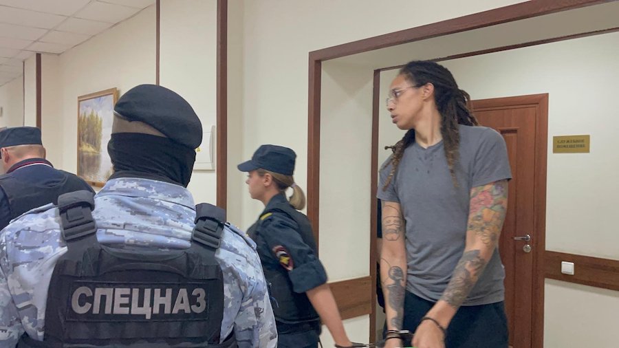 Brittney Griner is pictured here leaving a Russian court after apologizing ahead of a verdict in he...