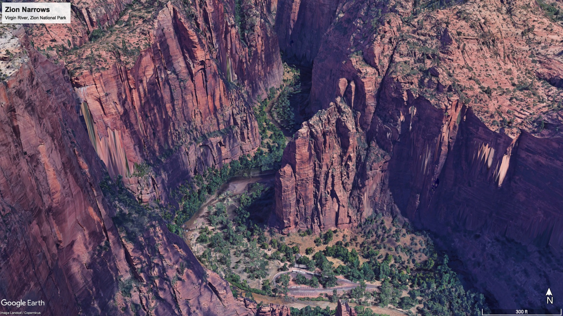 The Virgin River flows through the Zion Narrows in Zion National Park (Google Earth Pro)...
