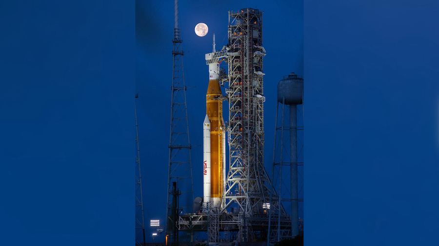 A full Moon is in view from Launch Complex 39B at NASA's Kennedy Space Center in Florida on June 14...