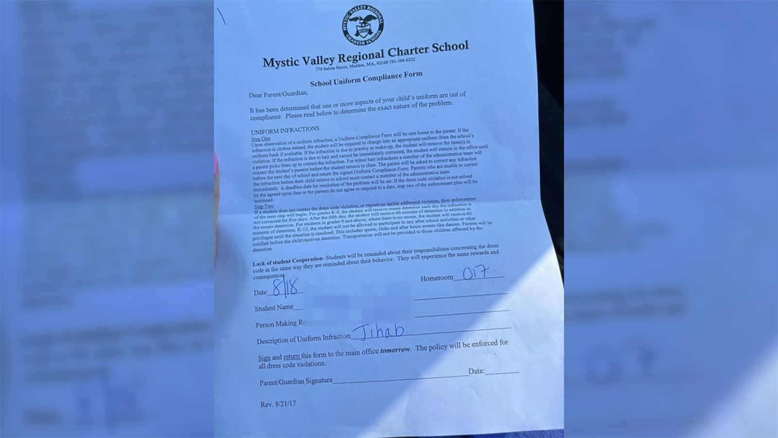 Sister of student who was reprimanded for wearing Hijab posted a pic of school citation....