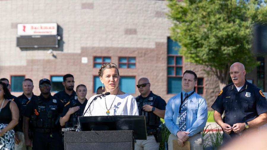 Salt Lake City Mayor Erin Mendenhall speaks at a press conference about the city's new Safe Passage...