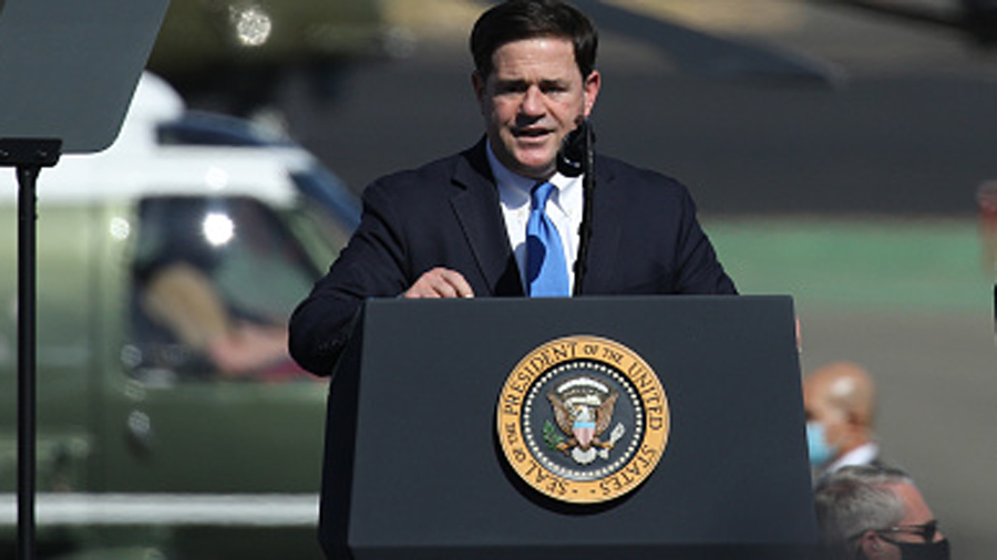 Arizona Governor Doug Ducey speaks at a Make America Great Again campaign rally on October 19, 2020...