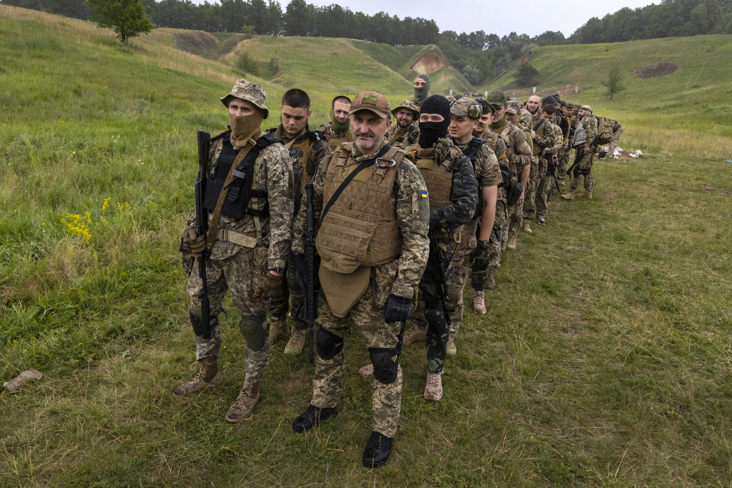 FILE: KHARKIV REGION, UKRAINE - JUNE 23: Azov Regiment soldiers get ready to march after tactical t...
