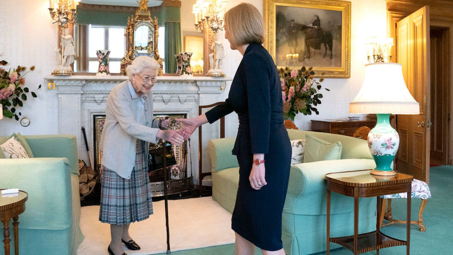 Queen Elizabeth greets newly elected leader of the Conservative party Liz Truss as she arrives at B...