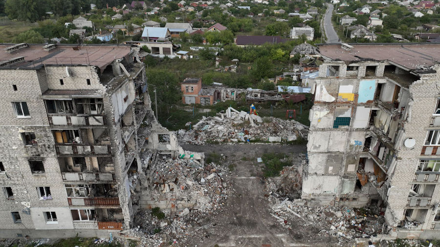 An aerial view of the destruction of residential buildings on Sept. 20, 2022, in Izium, Ukraine. Iz...