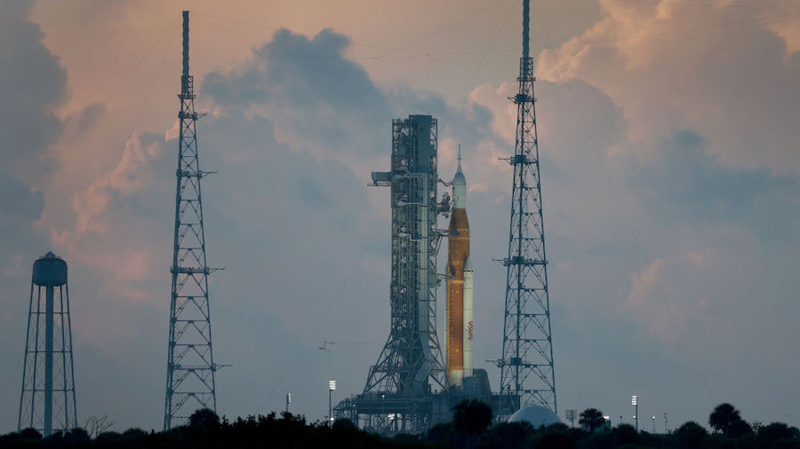 NASA's Artemis I rocket sits on launch pad 39-B at Kennedy Space Center on Aug. 30, 2022, in Cape C...