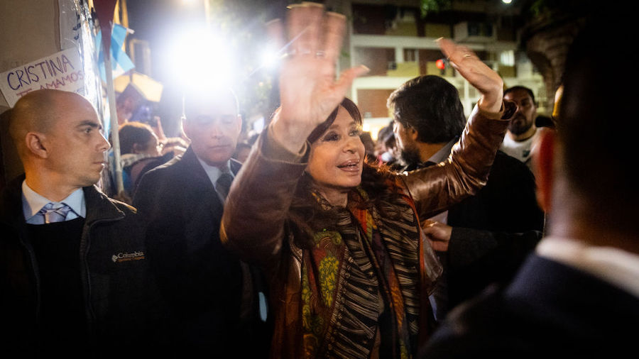 Vice President of Argentina Cristina Fernandez waves to supporters that waited for at her home at R...