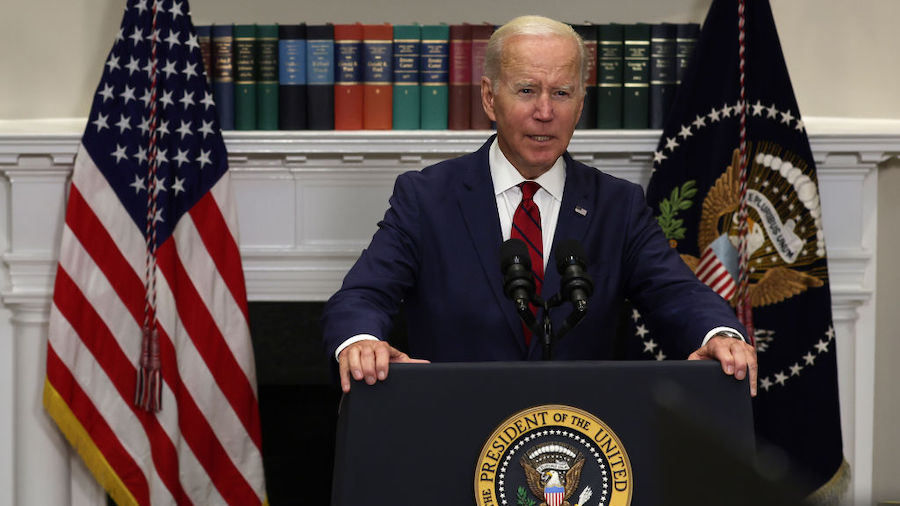 President Joe Biden speaks on the DISCLOSE Act during an event at the Roosevelt Room of the White H...