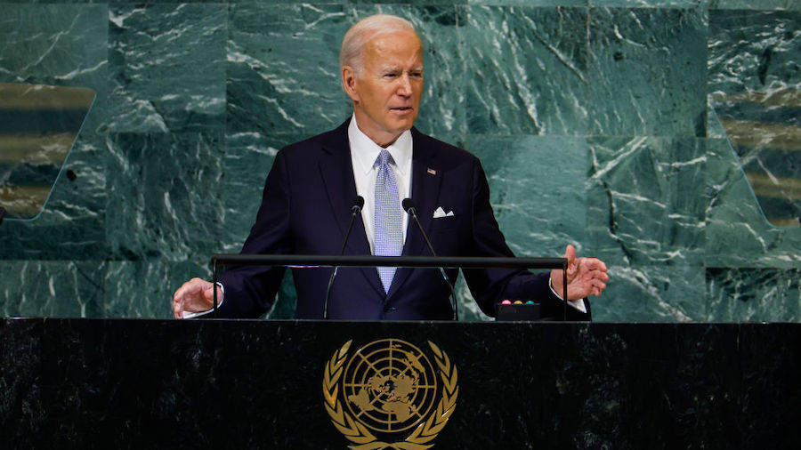 President Joe Biden gestures as he speaks during the 77th session of the United Nations General Ass...