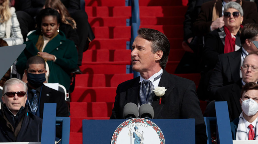 RICHMOND, VIRGINIA - JANUARY 15: Virginia Governor Glenn Youngkin gives the inaugural address after...