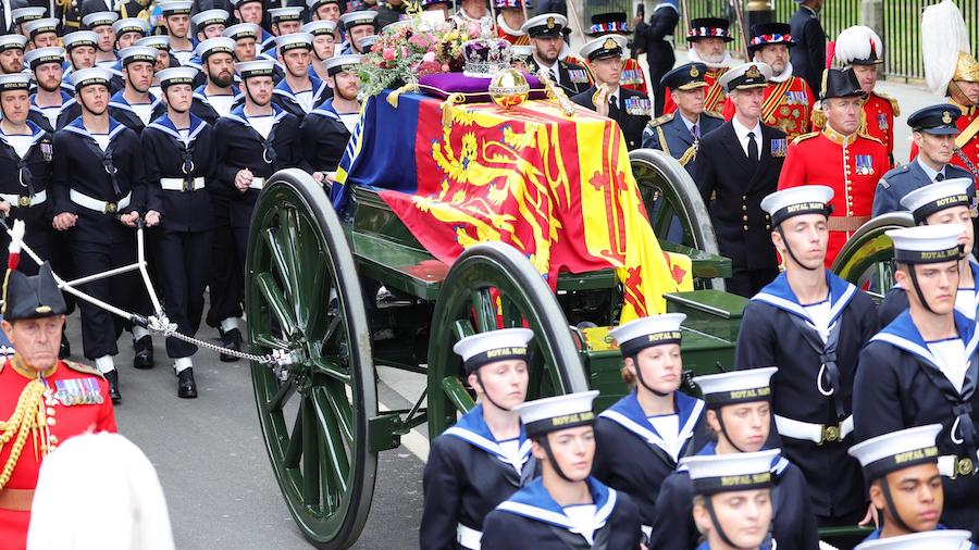The Queen's coffin was carried on the State Gun Carriage. (Chris Jackson/Chris Jackson Collection/G...