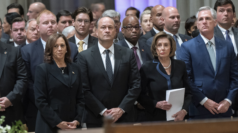 Vice President Kamala Harris, from left, her husband Doug Emhoff, House Speaker Nancy Pelosi of Cal...