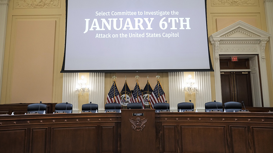 The room is seen before a hearing held by the Select Committee to Investigate the January 6th Attac...