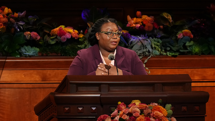Sister Tracy Y. Browning, second counselor in the Primary general presidency, speaks during the Sat...