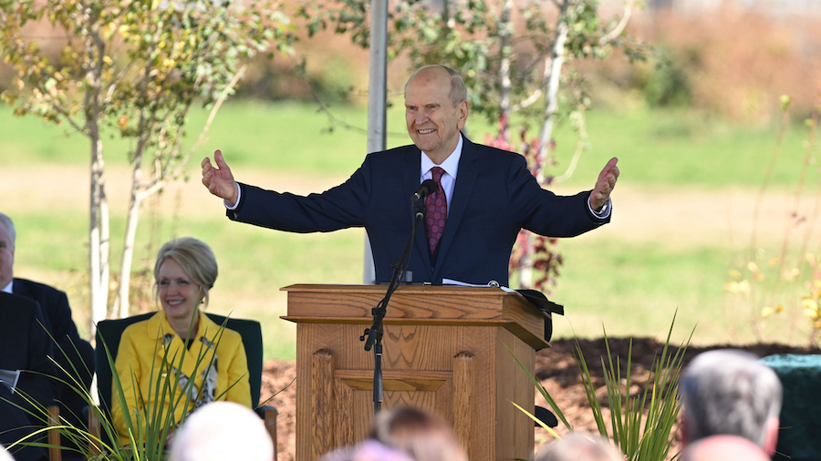 President Russell M. Nelson gestures while speaking at the Heber Valley Temple groundbreaking in He...