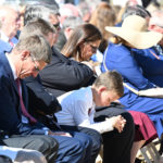 Guests bow their heads during the dedicatory prayer at the Heber Valley Temple groundbreaking in Heber City, Utah, on Saturday, October 8, 2022. (Intellectual Reserve, Inc.)