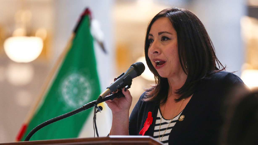Rep. Angela Romero, D-Salt Lake City, speaks during a tribute for murdered and missing Indigenous w...