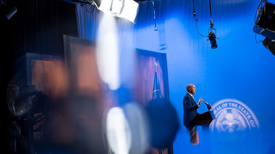 Gov. Spencer Cox holds his monthly news conference broadcast on PBS Utah from the Eccles Broadcast ...
