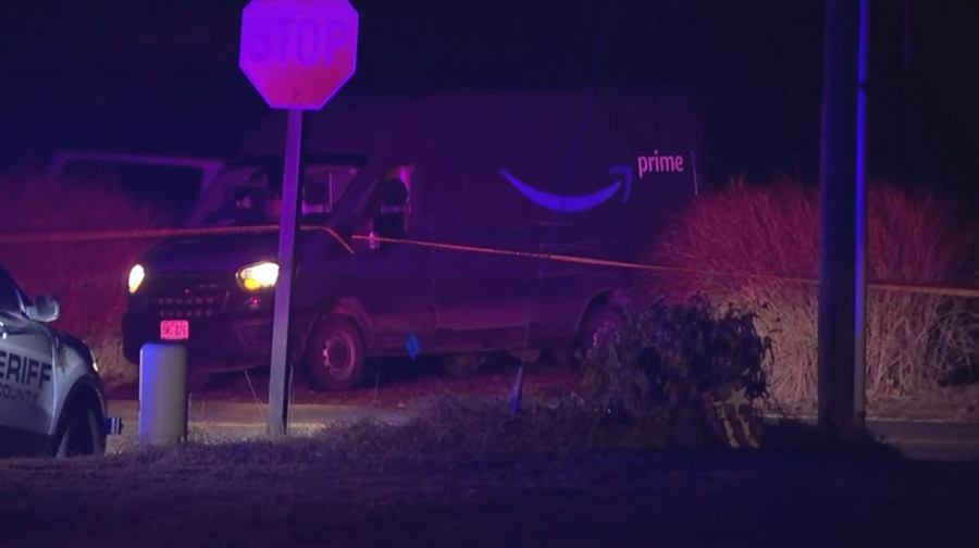 The scene in Wood Heights on Monday night after an Amazon driver was found dead. (KCTV)...