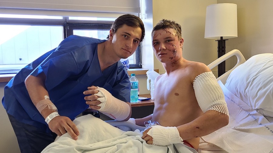Brady Lowry (left) and Kendell Cummings (right) were attacked by a grizzly bear while antler huntin...