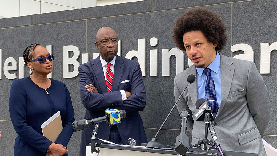 Comedian Eric André, right, speaks at a news conference in Atlanta on Tuesday. (Kate Brumback/AP)...