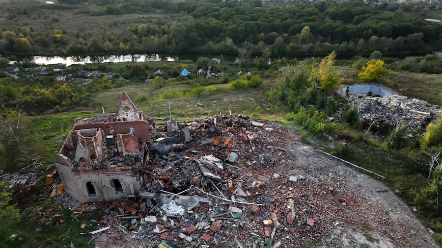 An aerial view of destroyed buildings on Oct. 3, 2022, in Izium, Ukraine. Izium is still without el...