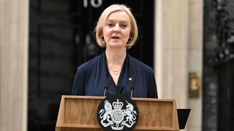 Prime Minister Liz Truss announces her resignation at 10 Downing Street on October 20, 2022 in Lond...